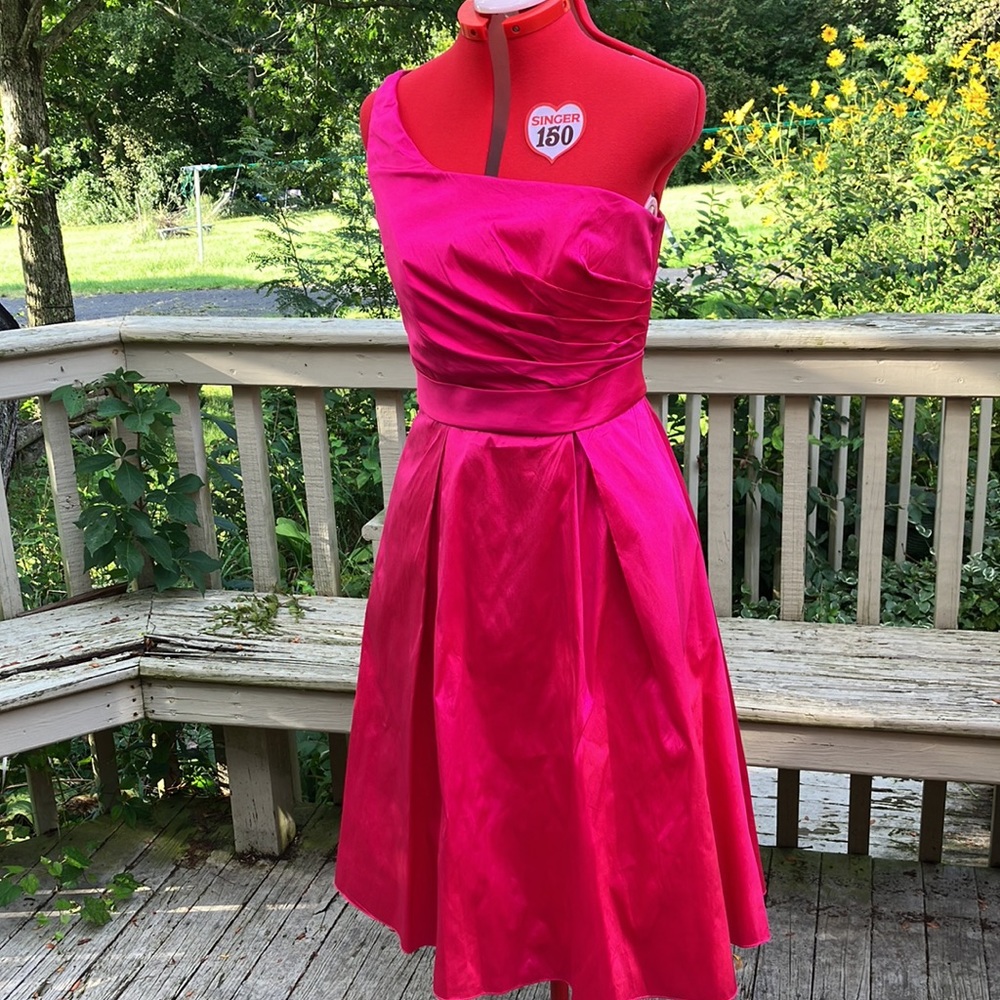 NWOT 13/14 hot pink taffeta one shoulder midi dress
